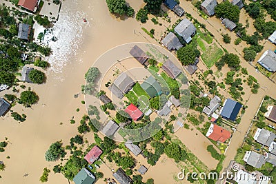 Aerial view of flooded houses with dirty water of Dnister river in Halych town, western Ukraine Stock Photo