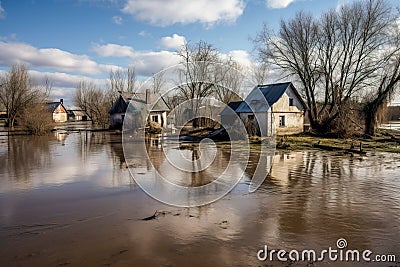 Aerial view of the flooded village in autumn. Flooded house. Generative AI Stock Photo
