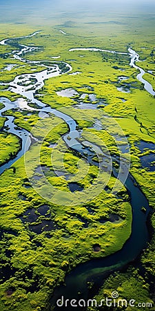 Aerial View Of Flowing River In Vibrant Wetlands Stock Photo