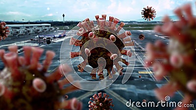 Aerial view of flu coronavirus floating on air at airport. Pandemic Covid 19 Stock Photo