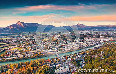 Aerial view from flying drone of Salzburg town. Editorial Stock Photo