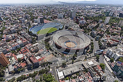 Aerial view of football stadium and bullfight arena in mexico ci Editorial Stock Photo