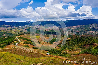 Aerial view of forest destroyed by agriculture of shifting cultivation on mountains. Stock Photo
