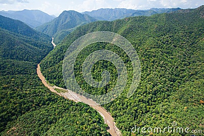 Aerial view forest of Thailand, Teak forest and river in rainy s Stock Photo