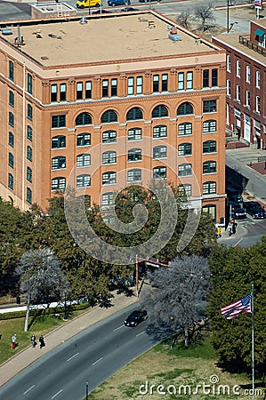 Aerial view of the former Texas School Book Depository Building in Dealey Plaza, Dallas. Editorial Stock Photo