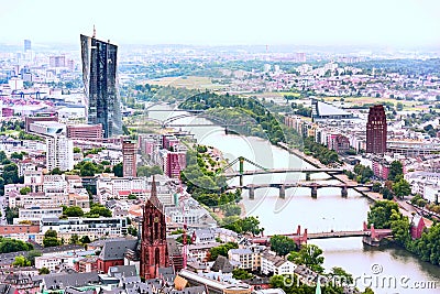 Aerial view of Frankfurt Um Main - old city center, European Central Bank building and river Main Editorial Stock Photo