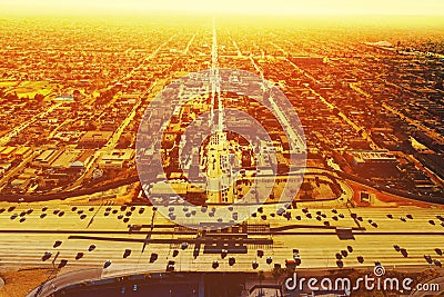 Aerial view of a freeway intersection in Los Angeles Editorial Stock Photo