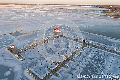 Aerial View of Frozen Choptank River and Lighthouse Editorial Stock Photo