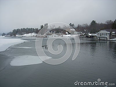 Aerial view of the frozen Lake George waterfront residential area Editorial Stock Photo