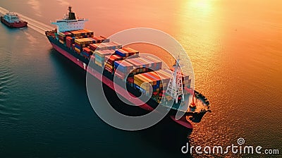 Aerial view of a fully loaded container ship leaving cargo terminal escorted by tugboat and sailing into the ocean Cartoon Illustration