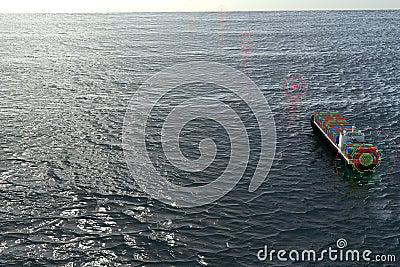 Aerial view of a future autonomous shipping freight navigated by software and quantum computing systems in light mode Cartoon Illustration