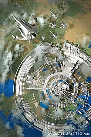 Aerial view of futuristic city Cartoon Illustration