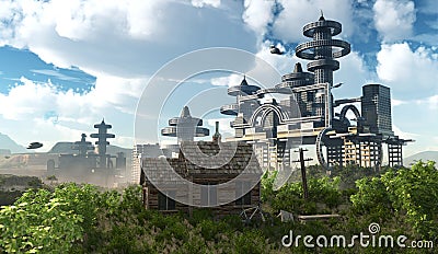 Aerial view of Futuristic City with flying spaceships Stock Photo