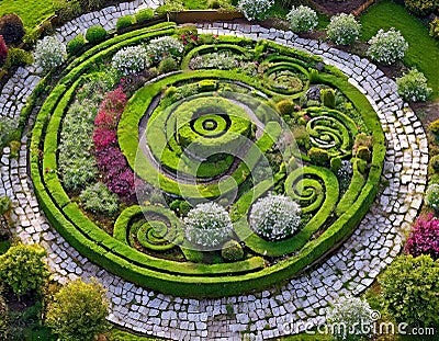 Aerial view of a garden designed with circular, concentric patterns resembling the swirls of a fingerprint. The garden features Stock Photo