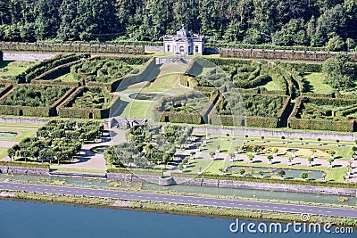 Aerial view gardens chateau Freyr along river meuse near Dinant in Belgium Stock Photo