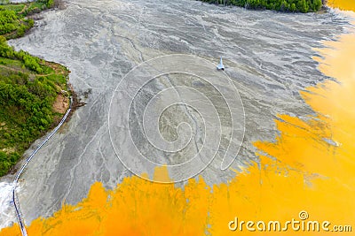 Aerial view of Geamana church flooded by mining waste water Stock Photo