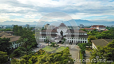 Aerial view of Gedung Sate, Bandung, West Java, Indonesia. Old Historical building with art decoration style, Governor Office Editorial Stock Photo