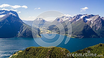 Aerial view on Geiranger fjord in More og Romsdal county in Norway famous for his beautiful boattrip through the fjord Stock Photo
