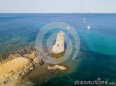 Aerial View of the Genovese Tower, Tour Genoise, Cap Corse Peninsula, Corsica. Coastline. France Stock Photo