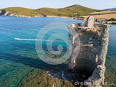 Aerial View of the Genovese Tower, Tour Genoise, Cap Corse Peninsula, Corsica. Coastline. France Stock Photo