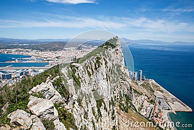 Aerial view of Gibraltar, Algeciras Bay and La Linea de la Concepcion from the Upper Rock. View on coastal city from Editorial Stock Photo