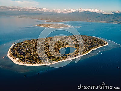 Aerial view of Gili islands and blue ocean. Gili Meno, Gili Air and Lombok island Stock Photo