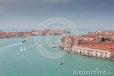 Aerial view of Giudecca Channel with boat traffic, Venice Stock Photo