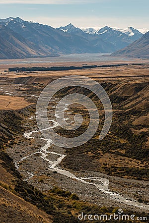 Aerial view of glacial stream in Southern Alps Stock Photo