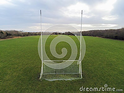 Aerial view on a goal post for football, rugby, hurling and camogie. Concept Irish National sport, outdoors activity Stock Photo