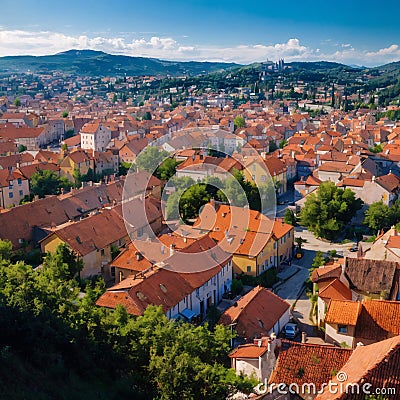 Aerial view of Gologorica old town, located on the top of a hill. Typical landscape of Central Istria, Stock Photo