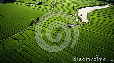 Aerial view of green fields and Rural scenery, farmland in rural, Sunny morning, spring summer season Stock Photo