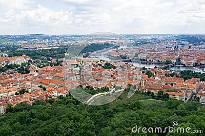 Aerial view of the greenery of Perin Hill and the city of Prague. Stock Photo