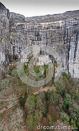 Aerial view of the Grotto of Maria Magdalena in France, Plan D`Aups, the massif St.Baum, holy fragrance, famous place Stock Photo