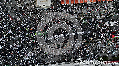 aerial view, a group of demonstrators in Zero km Yogyakarta who want the state of Palestine to be free from Israeli occupation. Editorial Stock Photo