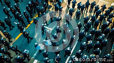 An aerial view of group of police officers on the street. Generative AI Stock Photo