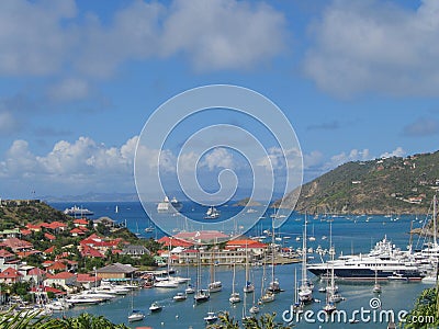 Aerial view at Gustavia Harbor with mega yachts at St Barts Editorial Stock Photo