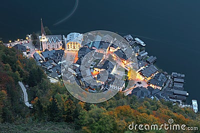 Aerial view of Hallstatt at dusk, an amazing lakeside village by the mountainside in Salzkammergut region of Austria Stock Photo