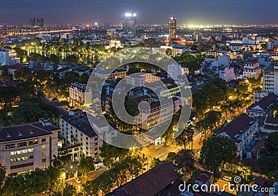 Aerial view of Hanoi cityscape at twilight. Viewing from Ly Thuong Kiet street, south of Hoan Kiem lake Stock Photo