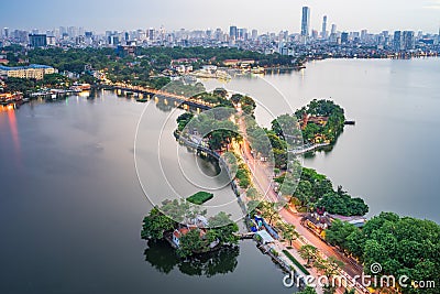 Aerial view of Hanoi skyline with Thanh Nien street at West Lake. Hanoi cityscape at twilight Stock Photo