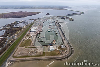 Aerial view harbor Lauwersoog at Dutch coast Wadden Sea Stock Photo