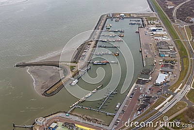 Aerial view harbor Lauwersoog at Dutch coast Wadden Sea Stock Photo