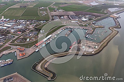 Aerial view harbor Oudeschild at Dutch island Texel Stock Photo