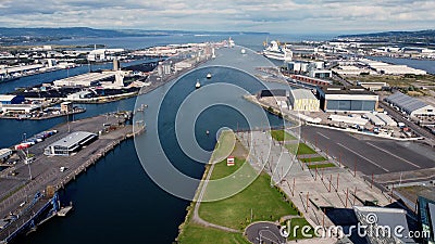 Aerial view of Harland and Wolff and Shipyard Dockyard where RMS Titanic was built Titanic Quarter Belfast Northern Ireland Editorial Stock Photo