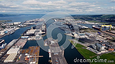 Aerial view of Harland and Wolff and Shipyard Dockyard where RMS Titanic was built Titanic Quarter Belfast Northern Ireland Editorial Stock Photo