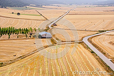 Aerial view of harvested wheat fields and farm Stock Photo