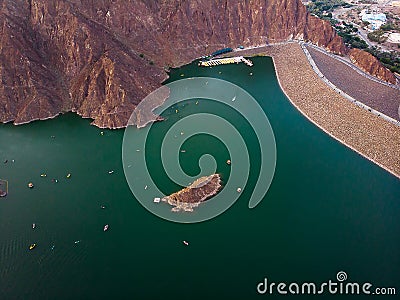 Aerial view of Hatta dam lake in Dubai emirate of UAE Stock Photo