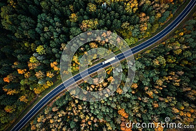 Aerial view of heavy truck on a narrow twisting road Stock Photo