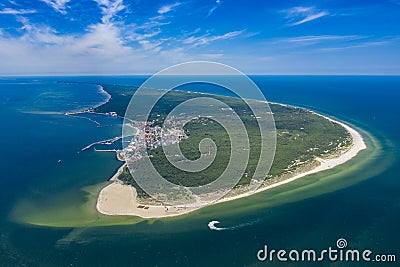 Aerial view of Hel Peninsula in Poland, Baltic Sea and Puck Bay Zatoka Pucka Photo made by drone from above Stock Photo