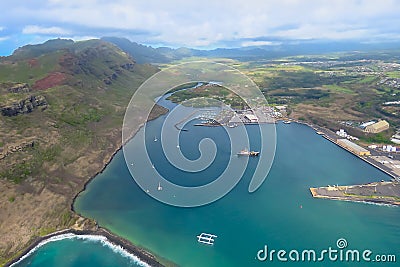 Aerial view from a helicopter over the magnificent blue bay, Lihue, Kauai, Hawaii Stock Photo