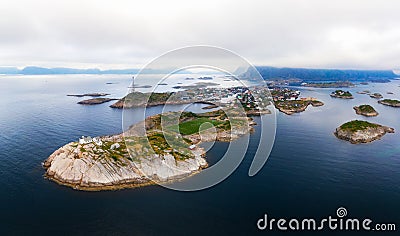 Aerial view of Henningsvaer fishing village on Lofoten islands in Norway Stock Photo